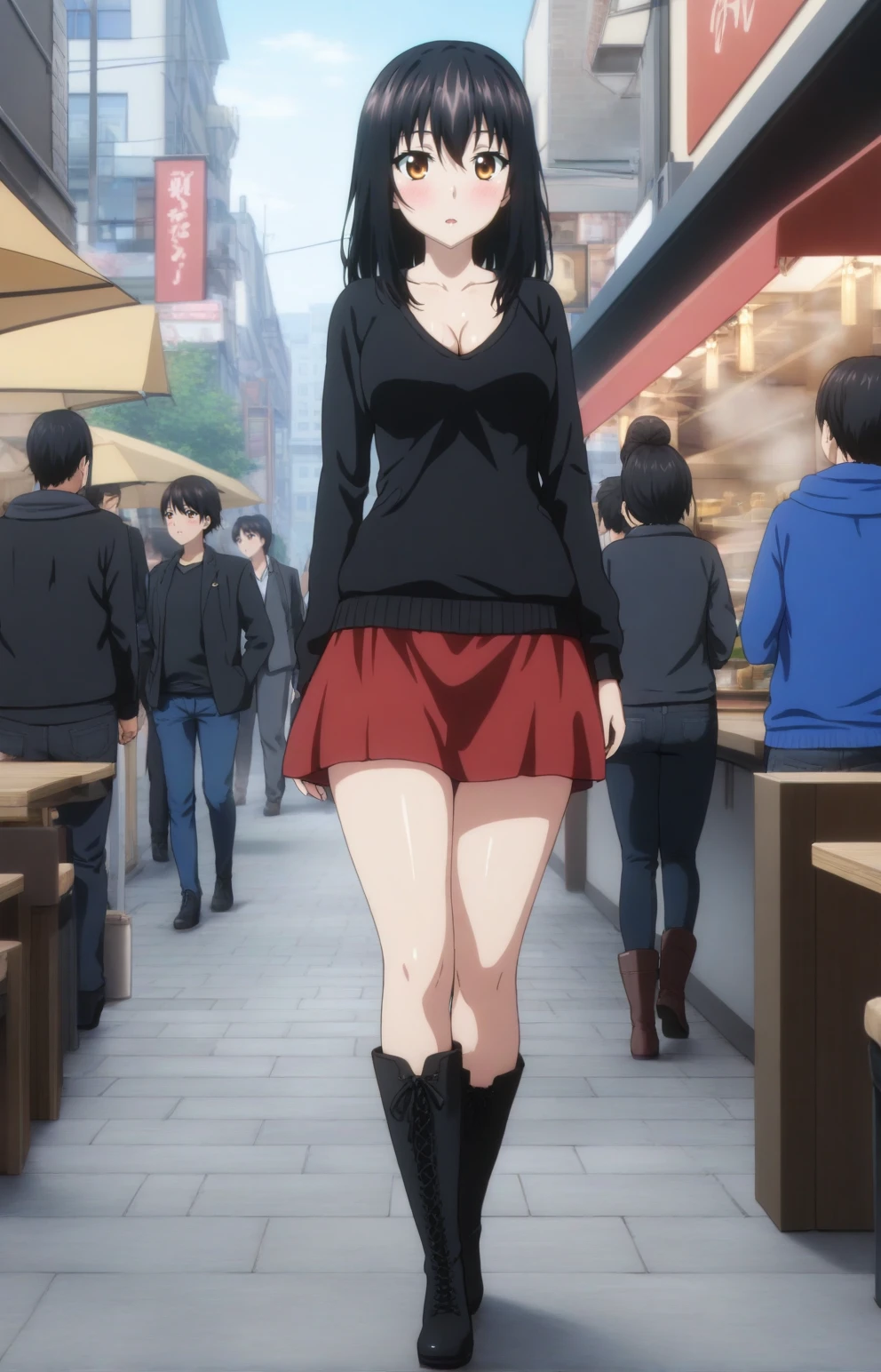 masterpiece, best quality, HYukinaV4XL, 1girl, solo, looking at viewer, blush, cleavage, medium breasts, (black sweater, red skirt), (high boots:1.3), parted lips, shiny, shiny hair, outdoors, city, restaurant, crowds, from behind, walking, full body, <lora:HYukinaV4XL-SDXL-EP10:1>