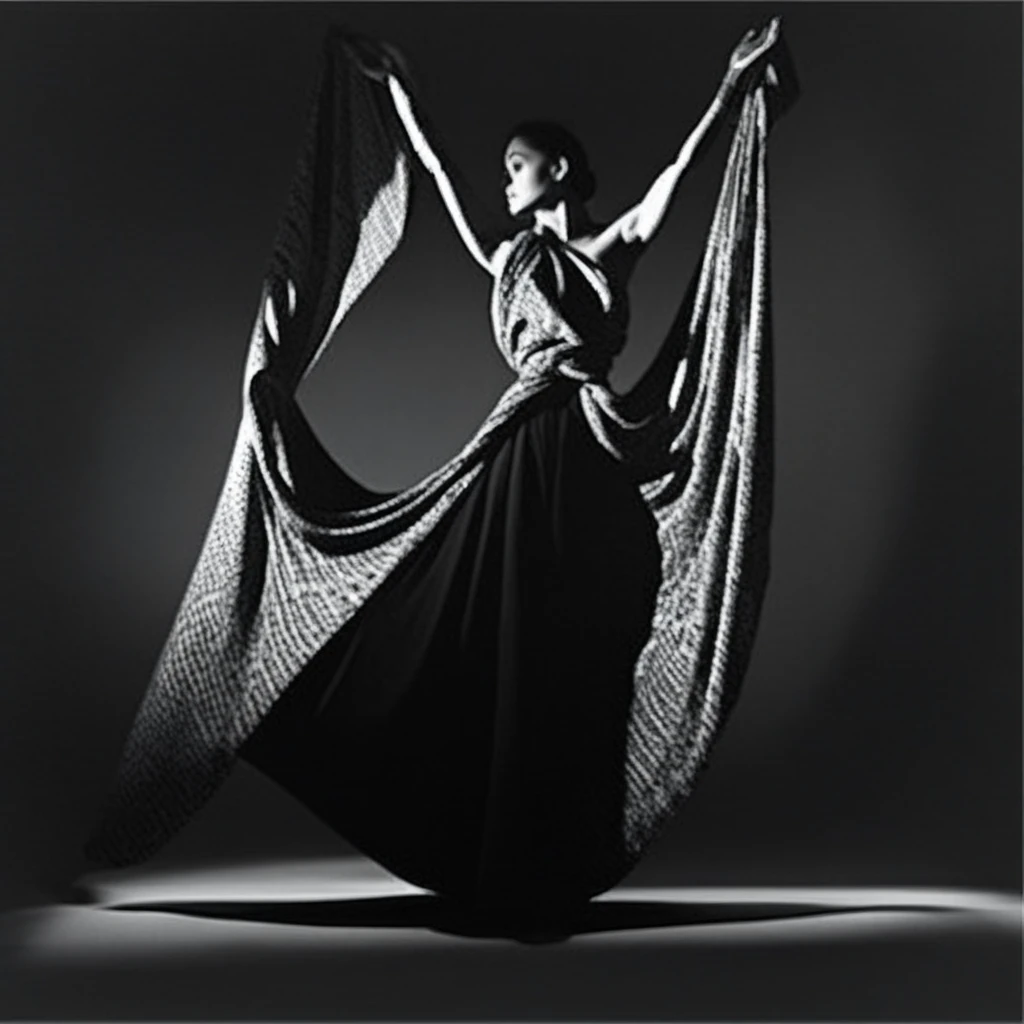web-like patterned fabric draped around her outstretched arms. She appears to be posing or performing some kind of graceful movement with the dramatic fabric flowing around her. The background is a simple studio setting, with one arm raised above her head, theatrical pose against a plain backdrop, The image is a black and white photograph of a woman wearing an elegant, The image shows a monochrome portrait of an elegant woman wearing a large, allowing the graceful figure of the woman to take center stage. The black and white style of the photograph gives it a timeless