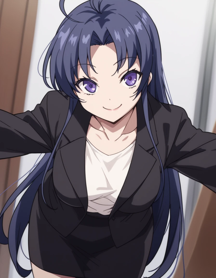 score_9, score_8_up, score_7_up, source_anime,
memetouwa, <lora:meme-touwa-s1-ponyxl-lora-nochekaiser:1>,
meme touwa, long hair, blue hair, purple eyes, ahoge, parted bangs,
skirt, shirt, long sleeves, collarbone, jacket, white shirt, black skirt, black jacket, formal, suit, office lady, skirt suit,
indoors, office, smile,
cowboy shot, looking at viewer, dutch angle, solo,