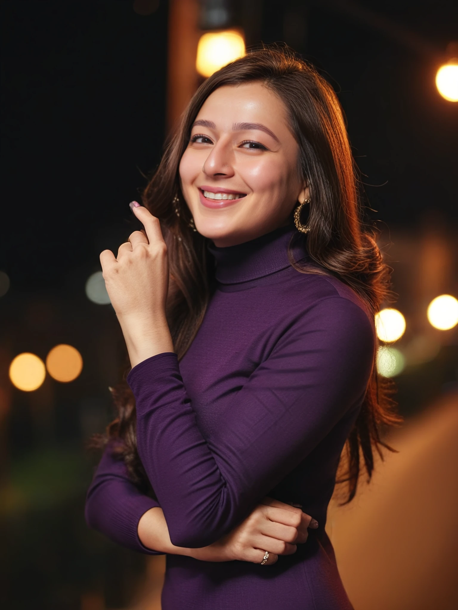 photo of a 30-year-old priyal gor woman,  Aubergine colored modest turtleneck, dynamic pose, laughing, facing camera, , soft lighting, night time, city lights in bokeh   <lora:Priyal_Gor_SDXL_LoRA_adafactor:1>