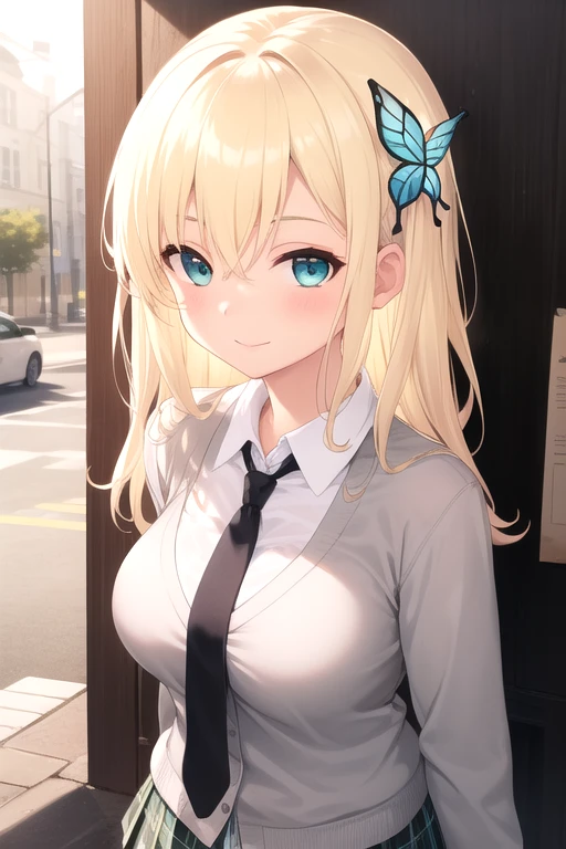 ((masterpiece)),(best quality),official art,extremely delicate and beautiful,extremely detailed CG,unity 8k wallpaper,ultra detailed,beautiful detailed eyes,extremely detailed face,outdoors,1girl,solo,upper body,(portrait:1.5),looking at viewer,facing viewer,smile,Kashiwazaki Sena,very long hair,blonde hair,butterfly hair ornament,hair between eyes,parted bangs,aqua eyes,st. chronica academy school uniform,grey cardigan,black necktie,collared shirt,white shirt,large breasts,skindentation,miniskirt,green skirt,plaid skirt,pleated skirt,frilled skirt,black socks,loafers,<lora:Kashiwazaki Sena(idhmf)>,