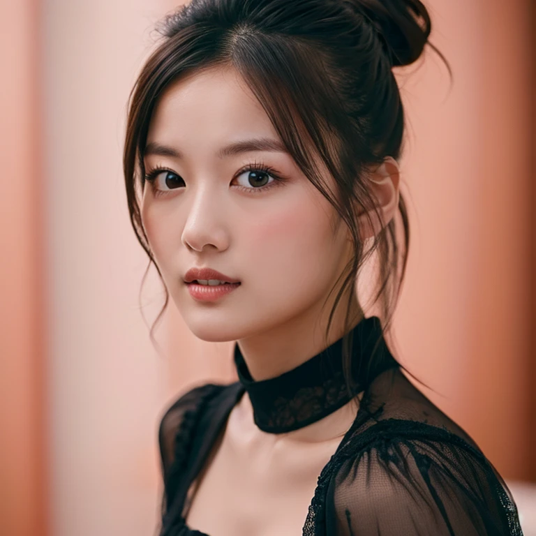 (RAW photo,best quality, realistic,photo-realistic:1.2), extremely detailed,8k wallpaper, Amazing,ultra-detailed,highres, 1girl, solo, long hair, medium breast, black hair, hair bun, black eyes, lips, china dress, bun cover, kooo123 <lora:Mityuki_001:0.75>