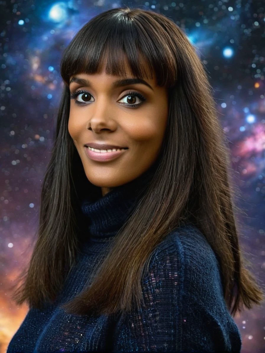 photo, realistic, irl, score_9, score_8_up, score_7_up, score_6_up, source_photo, rating_safe, shym 1girl, 24 years old, mid body portrait, dark skin, black girl, straight hair, long hair, bangs, perfecteyes, dark eyes, eye contact, smile, blushed, aroused BREAK wearing wool pullover BREAK Cosmic realm with swirling galaxies and nebulae.
<lora:shym:1>
