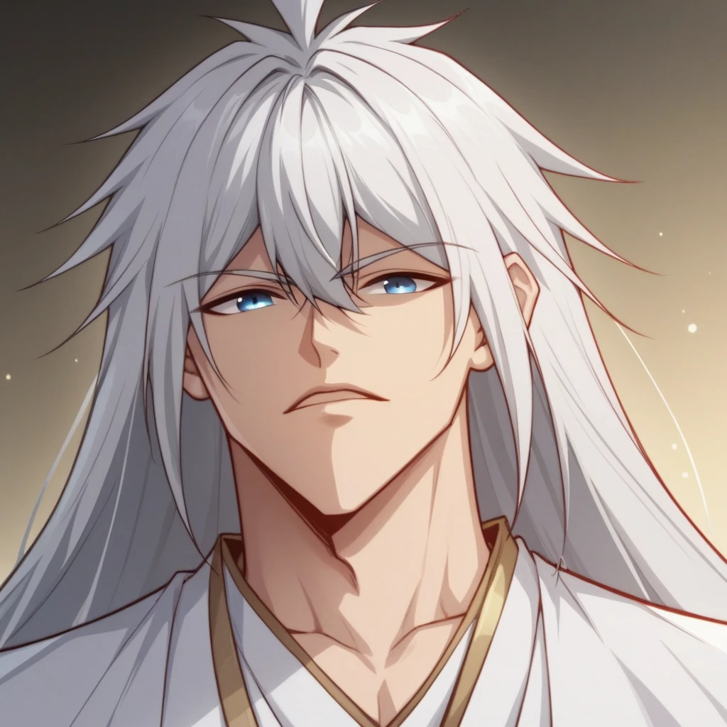 score_7_up, BREAK, Chenchangan,  1boy, solo, white hair, long hair, blue eyes,  white robe, white pants, open clothes,  <lora:ChenChangan_Normal_PXL_Leaf1:1>, portrait,