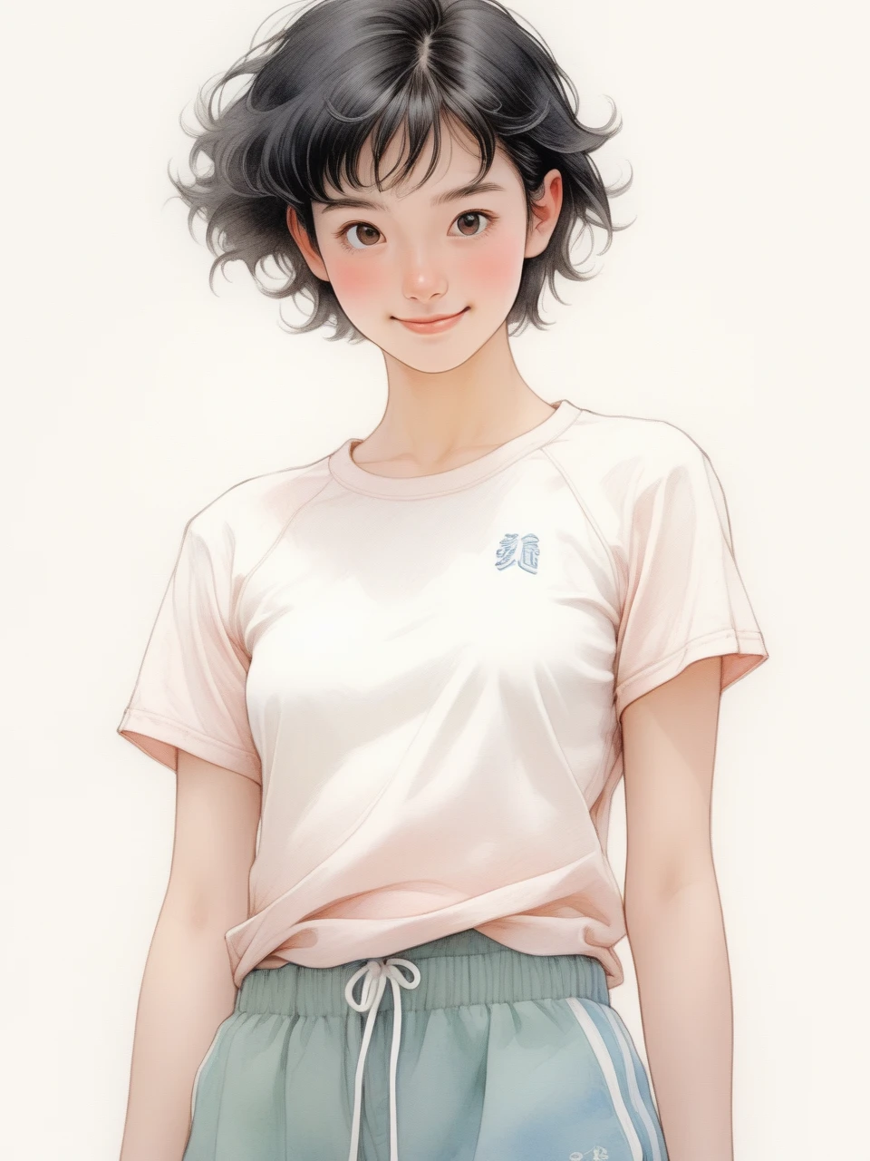 Ink pastel,front view,half portrait with waist up,a beautiful 20-year-old girl with neat short black hair,round eyes,cute,shy smile,designer sports shorts,comic illustration,attractive,revival mural,Antonio Boraiolo style,Yoshitaka Amano style,
Miho Hirano style,8K,high resolution.,