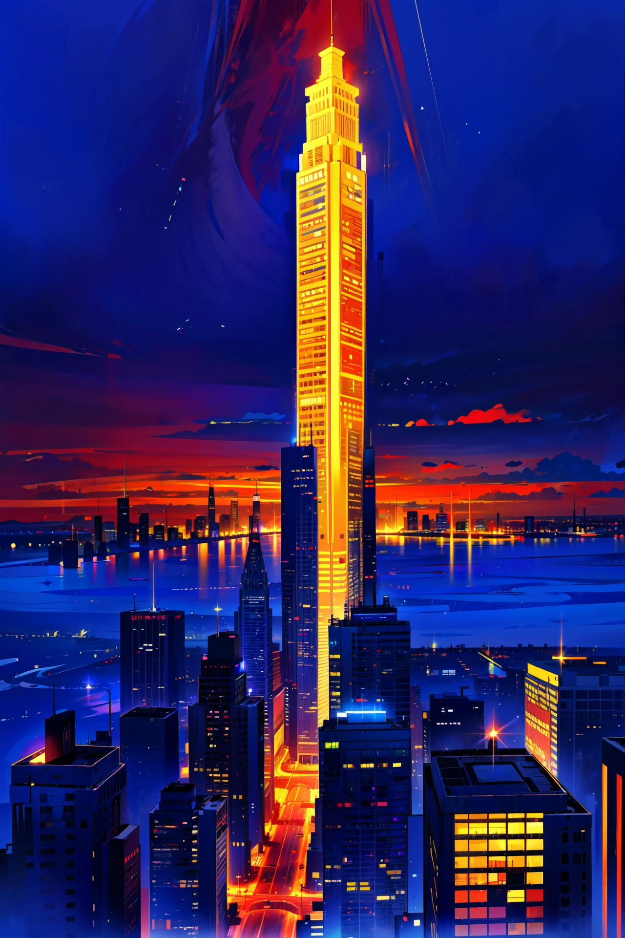 ((best quality, masterpiece, absurdres, super-resolution)) City night view, sky scrapper, buildings, worm view, Red, Blue, Yellow  <lora:PRIMARY-CORE_v1.0:1>