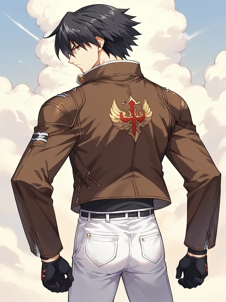 score_9, score_8_up, score_7_up, source_anime, <lora:Magami_Yuuji_-_Only_You_-Re_Cross-__Only_you_-リクルス-:1>,
1boy, solo, black hair, short hair, red eyes, brown jacket, emblem, black shirt, white pants, black gloves, standing, from behind, looking at viewer, serious