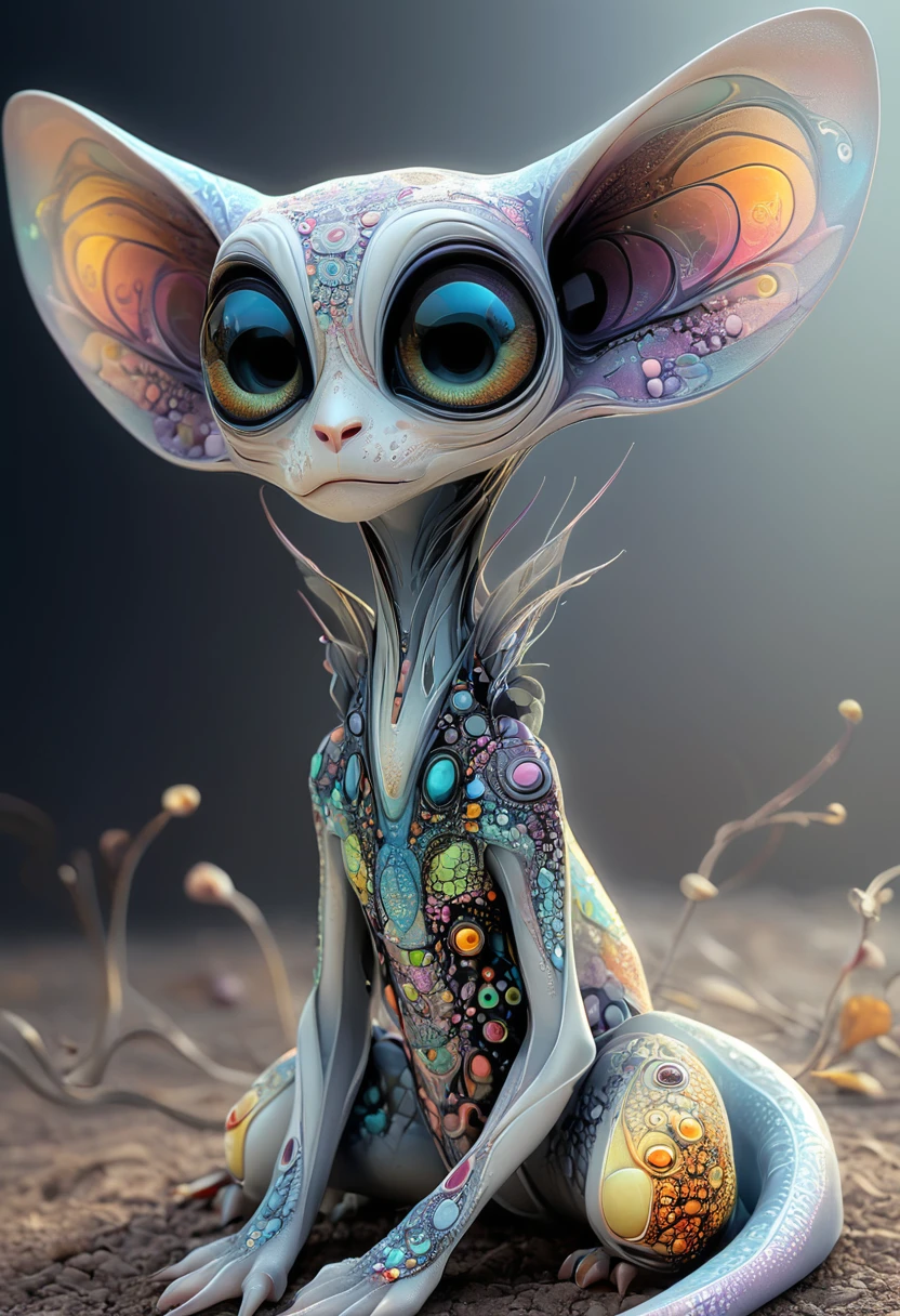 <lora:artfullyALIEN_SDXL_V1:1>,artln,A cute alien creature with big eyes, cartoon realism, cosmic inspiration, detailed anatomy drawing, detailed background elements, detailed rendering, ethereal sculptures, full body portrait, high detail., high resolution, high resolution., iridescent colors, large ears and a long tail sitting on the ground, long limbs and colorful patterns on its skin, made of fractals with a detailed background in the colorful fantasy realism style of an ethereal atmosphere with pastel colors and high resolution, many colors and patterns on its skin across its full body, pastel tones, pixar style., sitting in the style of detailed character design, ultra realistic photography.