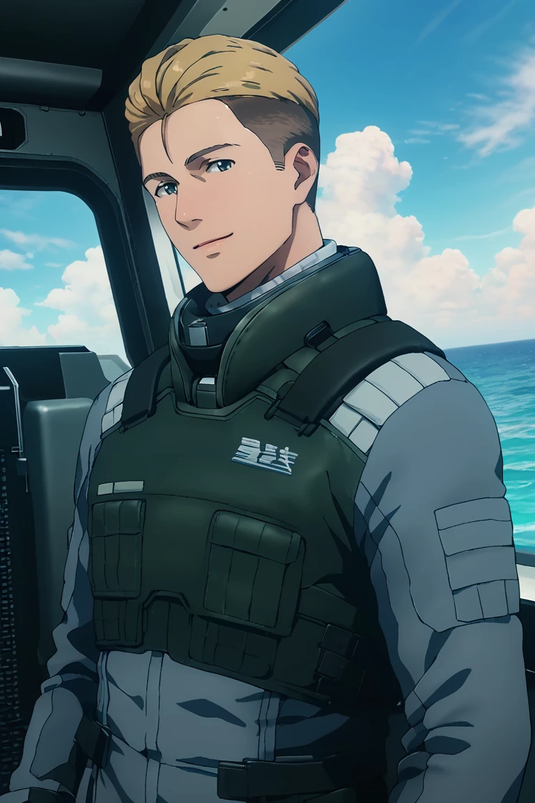 score_9,score_8_up,score_7_up, solo male, Ryoma Arakai \(Brave Bang Bravern\), blond hair, two-tone hair, slicked back hairstyle, undercut, grey eyes, grey pilot jumpsuit, two-tone jumpsuit, black neckguard, grey tactical gloves, black boots, smile, adult, mature, masculine, tone body, handsome, charming, alluring, standing, upper body, perfect anatomy, perfect proportions, best quality, masterpiece, high_resolution, dutch angle, cowboy shot, on flight deck of aircraft carrier, ocean, blue sky, outdoor<lora:EMS-392012-EMS:0.800000>