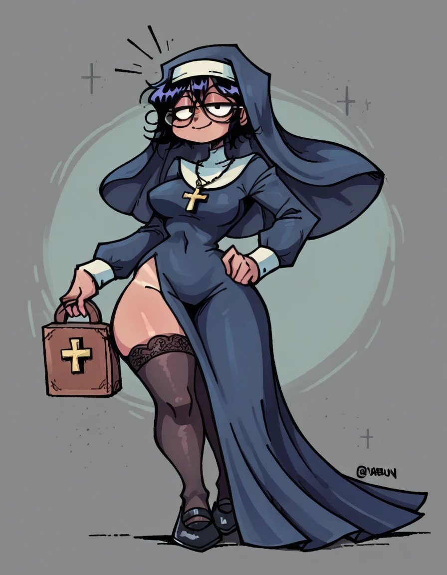 zPDXL, score_9, score_8_up, score_7_up, source_anime,
1girl, solo, smirk, (a-pose), nun wearing navy blue habit with a veil and long-sleeves, ankle-length skirt, black stockings, traditional nun's coif, black pumps, holding a prayer book, <lora:GinoXL:0.8> ginoxl, black hair, glasses, fat, short, black eyes, wavy hair, short hair, messy hair, tanned, petite, thick thighs, medium breasts, big nose,,
<lora:valbun_v2:1> valbun,