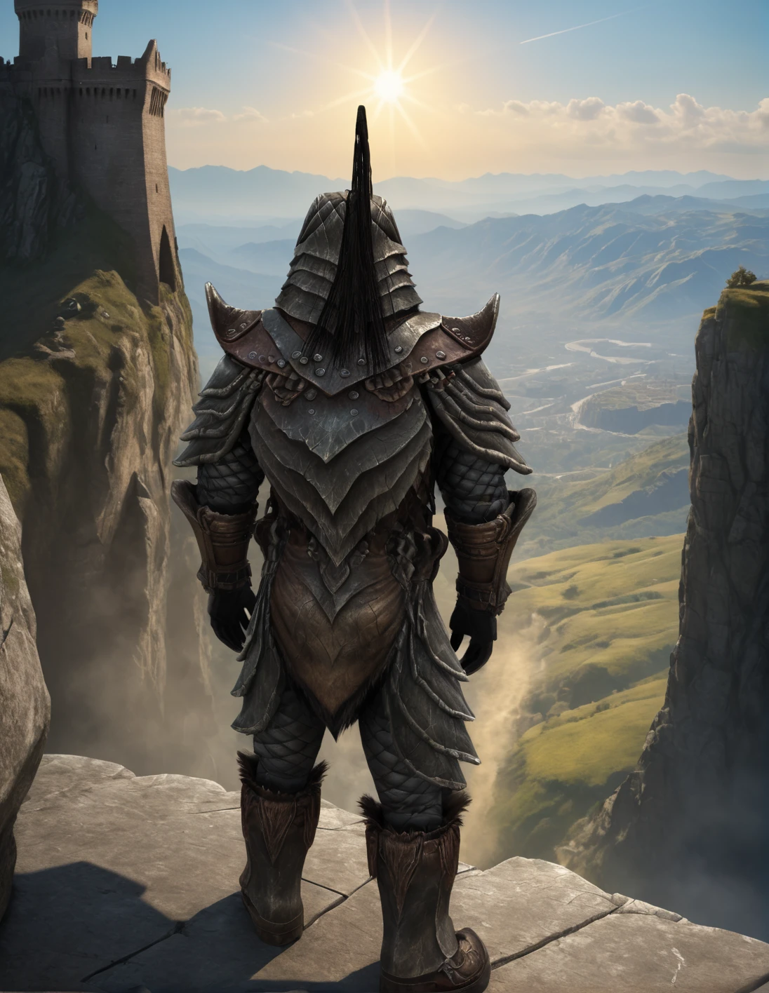 A mighty Orsimer warrior, encased in ornate, weathered plate armor, surveys the breathtaking vista from the precipice of a colossal fortress in the radiant daylight. Skyward, sunlight pours, casting dramatic shadows on the rugged terrain below. Unreal Engine 5 rendering brings forth the majestic scene, with HDR and ray tracing techniques capturing every detail, as the warrior's imposing figure dominates the composition.<lora:EMS-20438-EMS:1.000000>, <lora:EMS-391506-EMS:1.000000>