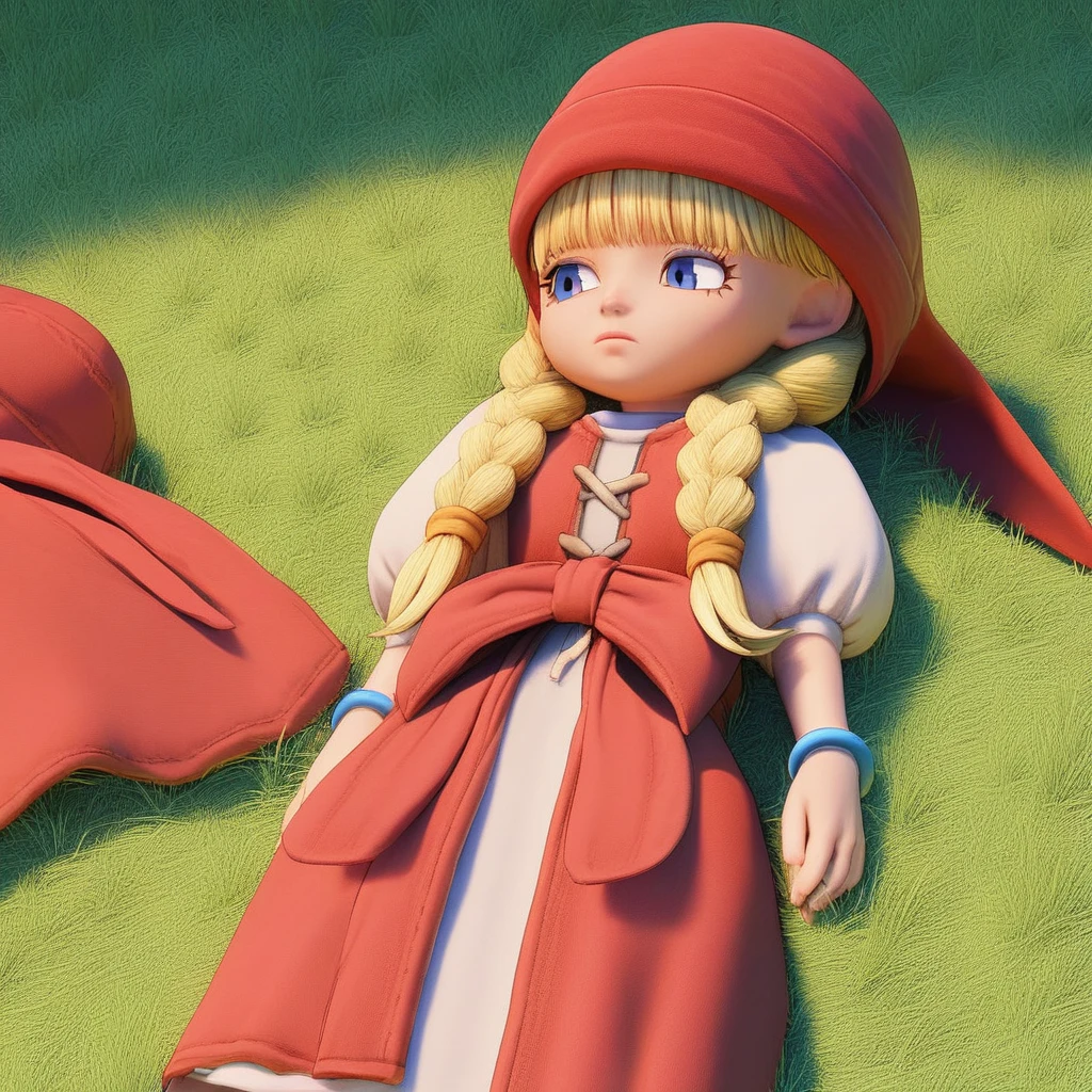 score_8, score9, female *****, veronica, hat, blonde hair, twin braids, blue eyes, dress, waist bow, bracelet, lying in the grass, sleeping,