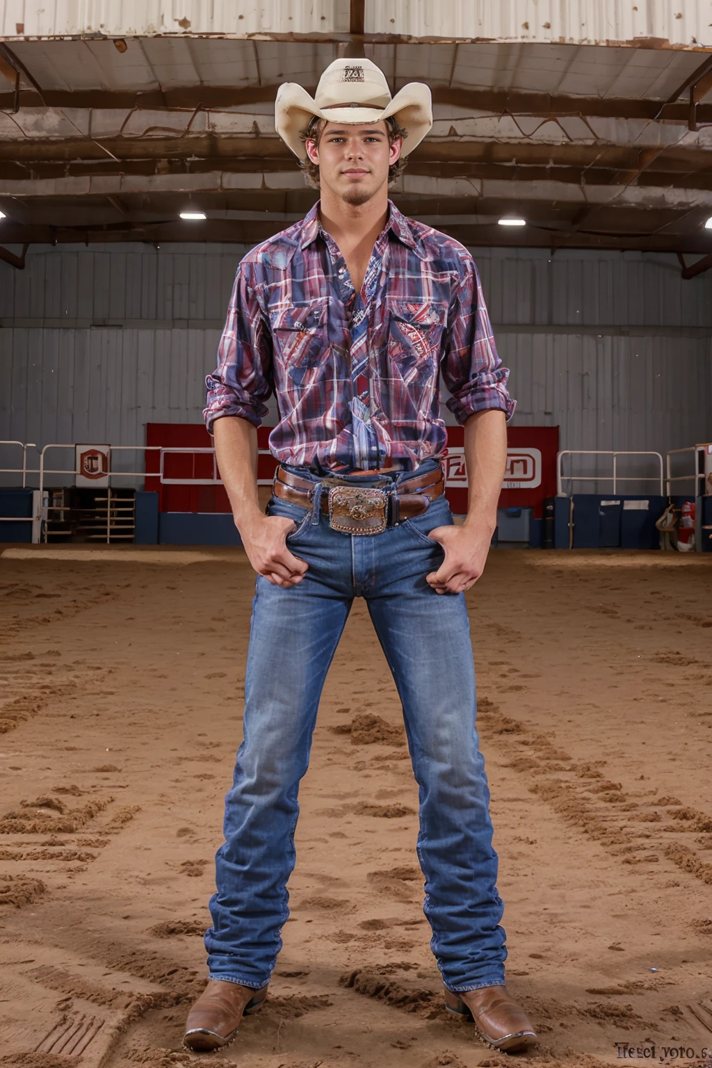 Texas rodeo, indoor (rodeo arena), high ceiling, metal roof, dirt floor, CMWyatt, slight smile, sexycowboy, cowboy hat, red plaid shirt, denim blue jeans, belt, silver belt buckle, thumbs in pockets, (((full body portrait))), wide angle, <lora:Clothing - Sexy Cowboy:0.45> <lora:CMWyatt:0.8>