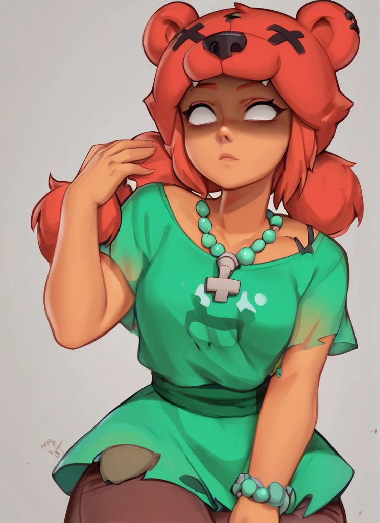 score_9, score_8_up, score_7_up, <lora:bsnita-000006:0.9>bsnita, dark-skinned female,   , 1 girl , solo , red hair ,necklace, green dress   ,bear ears ,,simple background,  white pupils,  shaded face,bear girl,   brown pants,   <lora:Kittew-4RCH0N:1> , 4RCH0N