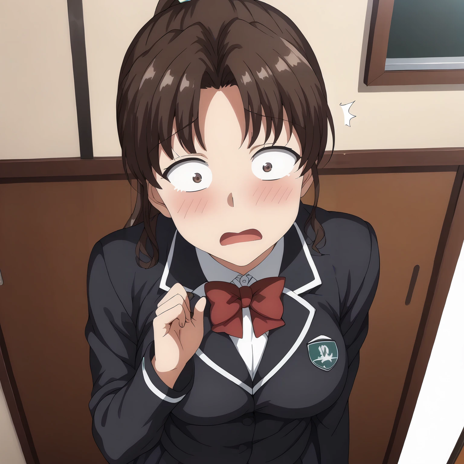 <lora:YuukoKawashimaXLpony002>,
blush,surprised,looking at viewer,from above,
solo,
YuukoKawashima,1girl,black brown hair,ponytail,brown eyes,sanpaku,
school_uniform,black blazer,red bowtie,