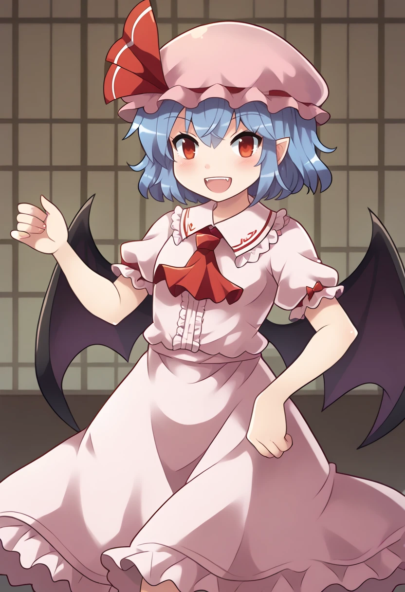 score_9, score_7_up, hd, (ultra hd quality details), indoors, flat colors,
solo, 1girl, remilia_scarlet, touhou, bat_wings, mob_cap, red_ribbon, hat_ribbon, red_ascot, puffy_short_sleeves, pink_hat, collared_shirt,
looking at viewer, open mouth, teeth, happy,
standing,
<lora:Touhou_pony:1>
<lora:_colonel_aki_style-elesico:1>