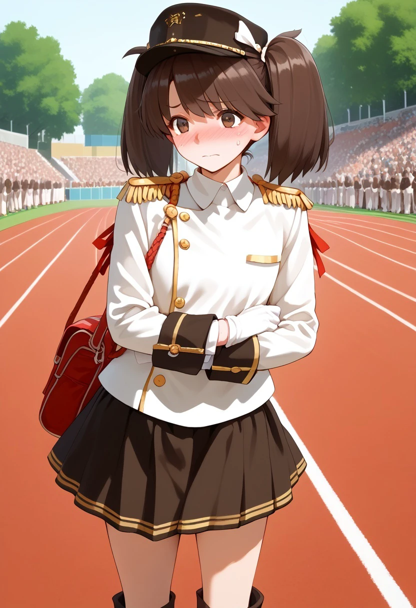 score_9, score_8_up, score_7_up, source_anime, best quality, masterpiece,
human, female, solo, embarrassed, outdoors,
<lora:LoraPonyXL60_cosRJ_v1:0.8>ryuujou (kancolle), brown hair, twintails, brown eyes,
<lora:marching uniform_Pony_V1.0:1> jyojifuku, marching, hat, boots, uniform, gloves, epaulettes skirt