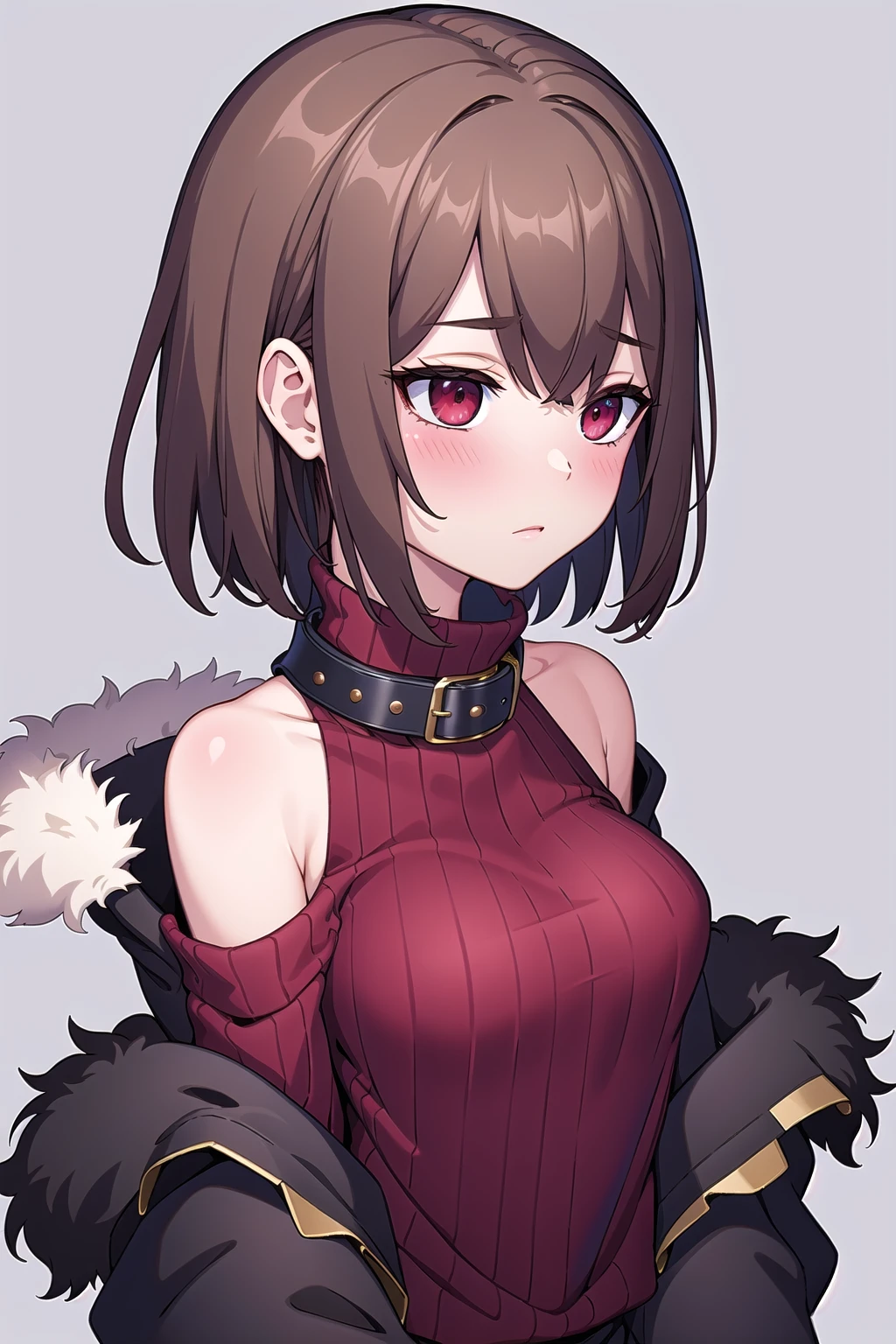 (masterpiece, best quality), charaSF, 1girl, solo, short hair, brown hair, red eyes, collar, black jacket, off shoulder, fur trim, red sweater, ribbed sweater, turtleneck, shoulder cutout, long sleeves, black shorts, blush, <lora:Chara__Storyfell-Undertale-000009:0.7>, portrait