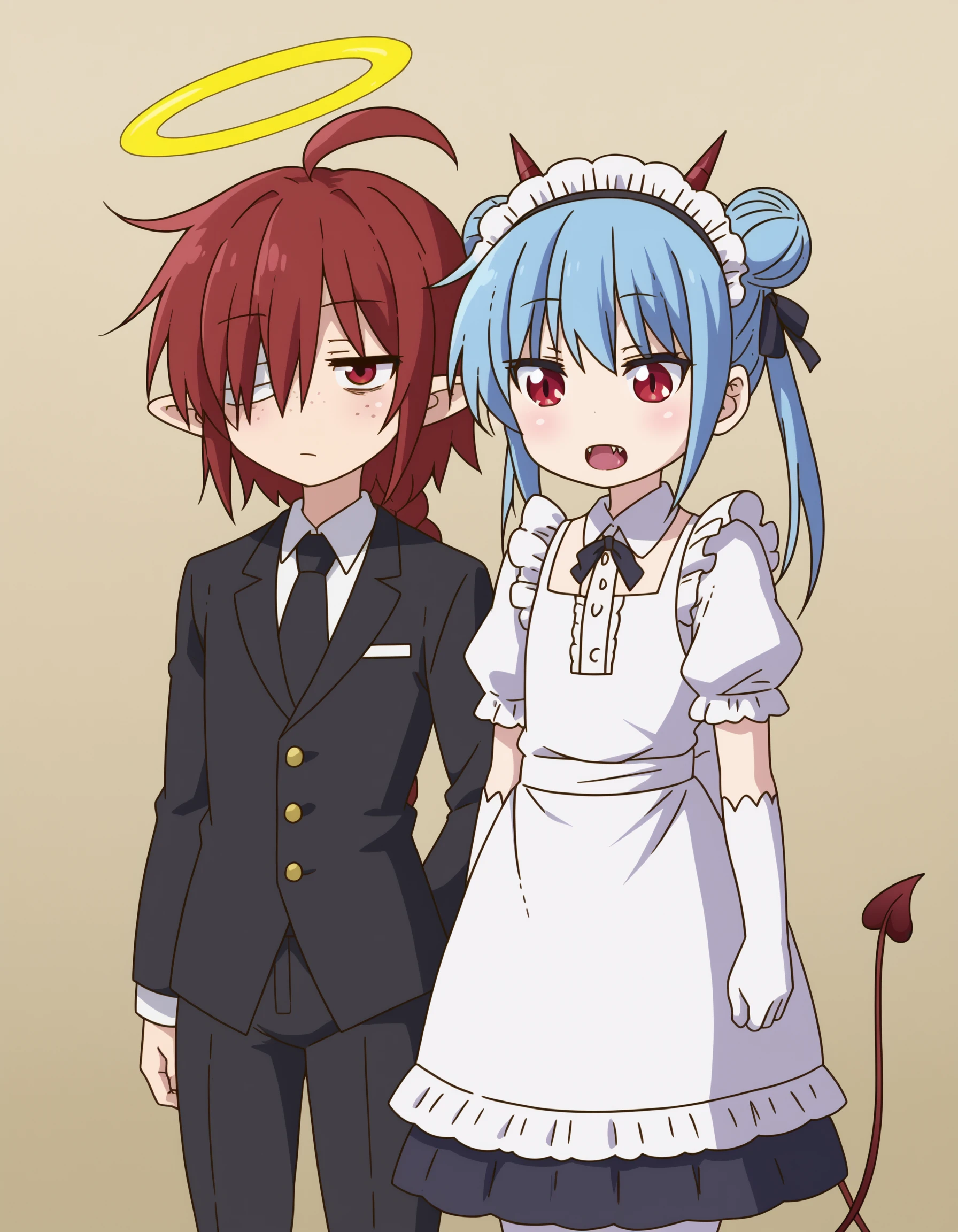zPDXL, score_9, score_8_up, score_7_up, source_anime, (portrait), <lora:KobayashiDragonPack:1> drgmd, 2girls, multiple girls, <lora:Nullantwins:0.8>,
2girls, multiple girls, Lynn, red hair, red eyes, (bandage over one eye, hair over one eye), braided ponytail, halo, freckles, bags under eyes, jitome, ahoge, pointed ears, flat chest, black jacket, butler, white shirt, black tie, black pants,
2girls, multiple girls, Zhuu, blue hair, red eyes, pointy ears, fangs, large fangs, red horns, demon tail, flat chest, (double bun), white pantyhose, maid, maid headdress, black dress, elbow gloves, white gloves, juliet sleeves, short sleeves,