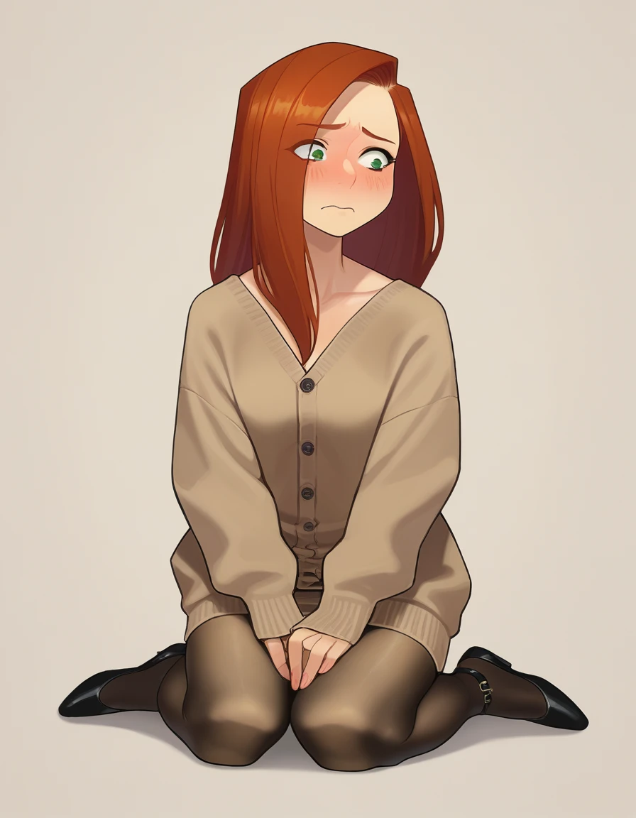 zPDXL, score_9, score_8_up, score_7_up, source_anime, 1girl, solo, (portrait),
<lora:Yomu_v1:1> y0mu, Kim Possible, long hair, red hair, nervous, kneeling, knit-cardigan, midi-dress, ankle-strap-flats, sheer-pantyhose,