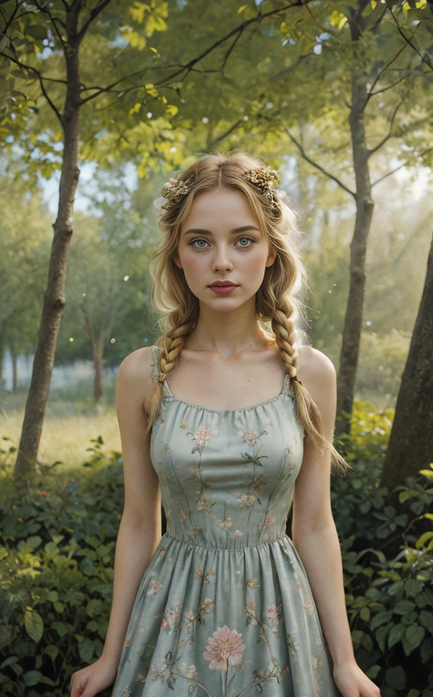 Hyperrealistic art <lora:6ParDet-ColCin-nM:0.31>, intricate details, masterpiece <lora:style of Ilon Wikland_tbh231-:0.62> (style of Ilon Wikland), She wears a light summer dress, its fabric adorned with delicate floral patterns reminiscent of vintage Nordic designs. As she basks in the warm sunlight, her fair skin glows, and her blonde hair, loosely braided, shimmers in the gentle breeze. The serene atmosphere, with dappled sunlight filtering through the canopy of surrounding trees, embodies the whimsical charm and nostalgic allure inspired by Ilon Wikland's illustrations. By renowned illustrators such as Ilon Wikland, Carl Larsson, and Elsa Beskow., safe_pos, . Extremely high-resolution details, photographic, realism pushed to extreme, fine texture, incredibly lifelike