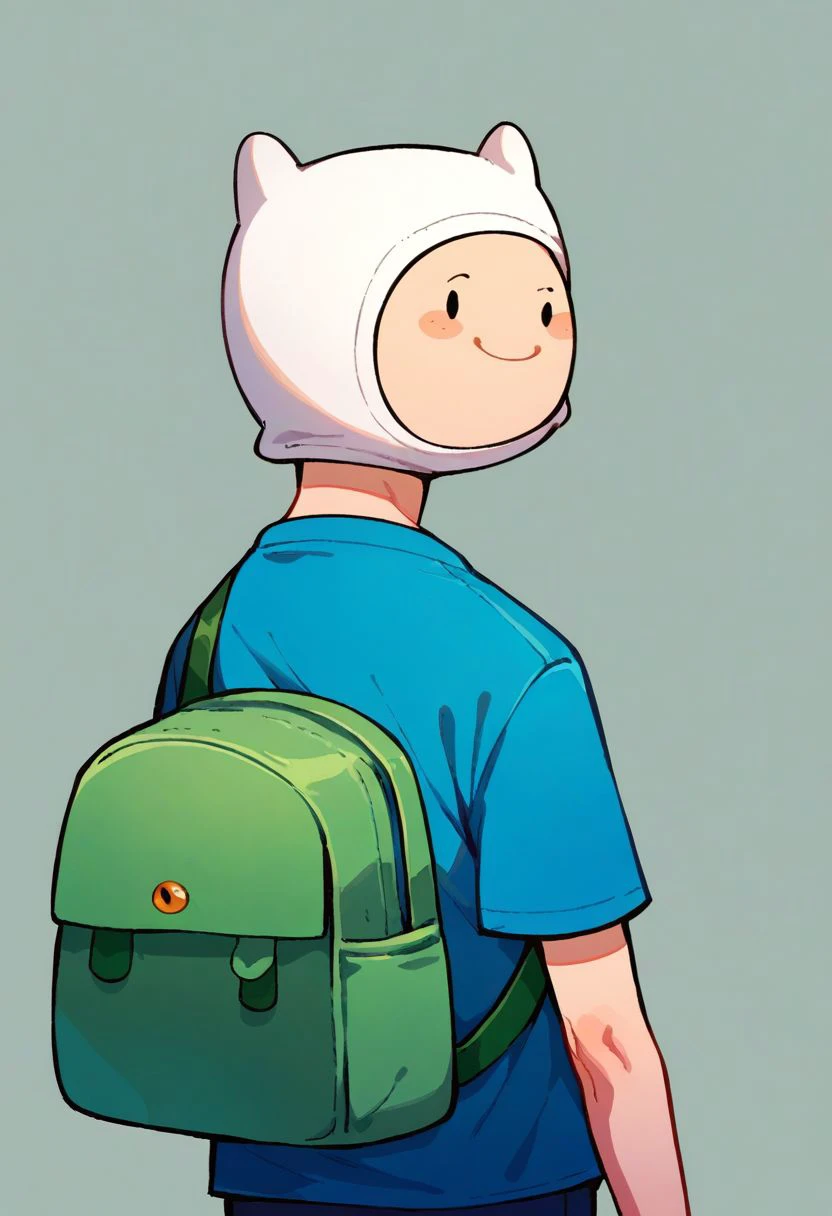 score_9, score_8_up, score_7_up,  solo, 1boy,finn the human, \(adventure time\), portrait,smile, Blue shirt, shirt, Blue short, short, with hat, hat, white hat, dot eyes, green back bag, back bag