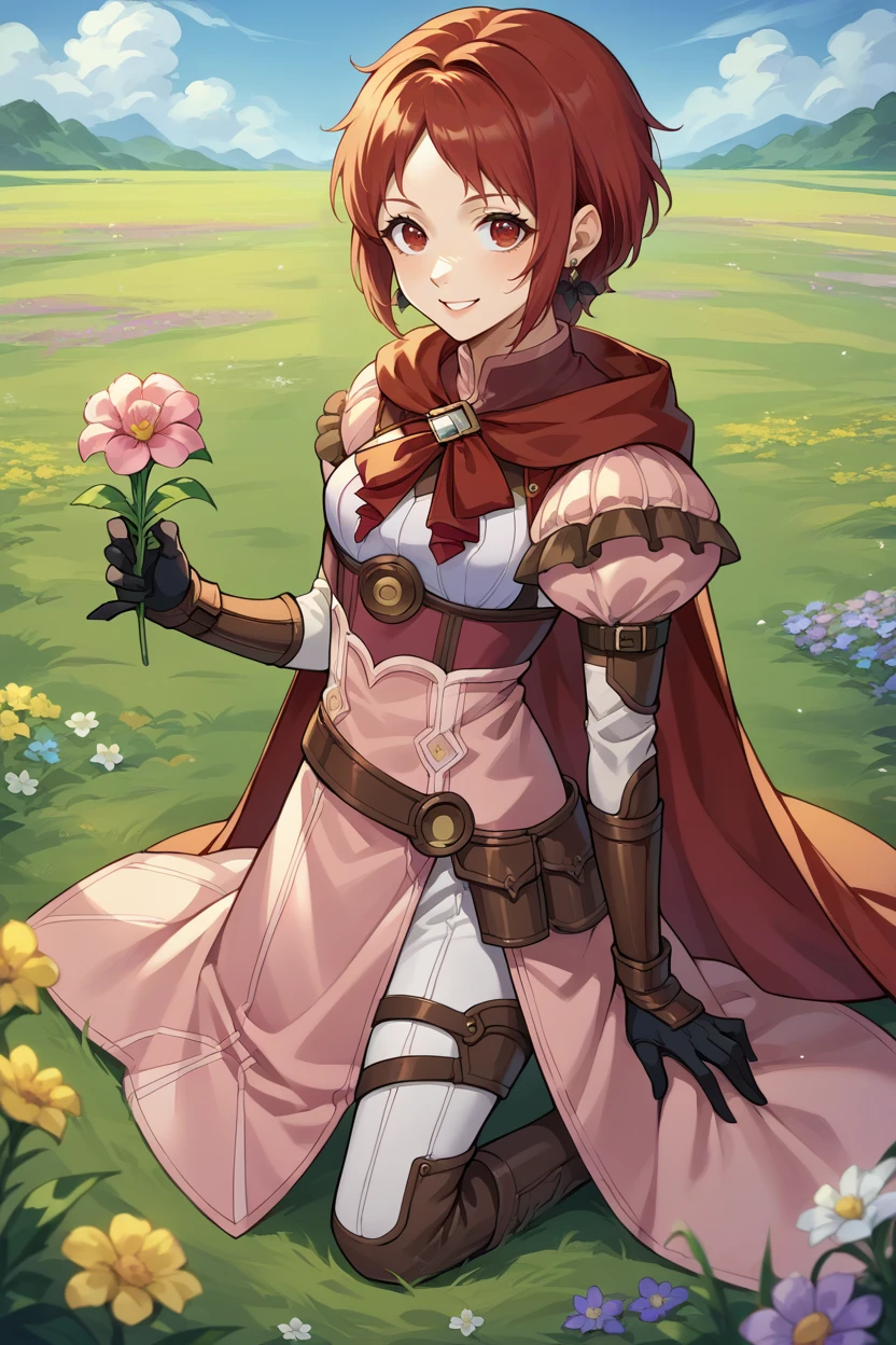 score_9, score_8_up, score_7_up, score_6_up, source_anime BREAK 1girl, solo, <lora:femonica-pdxl-nvwls-v1-000005:1> hopesMonica, red hair, red eyes, short hair, earrings, red cape, pink dress, puffy sleeves, bracers, black gloves, white pants, brown boots, field, flowers, holding flower, smile, looking at you