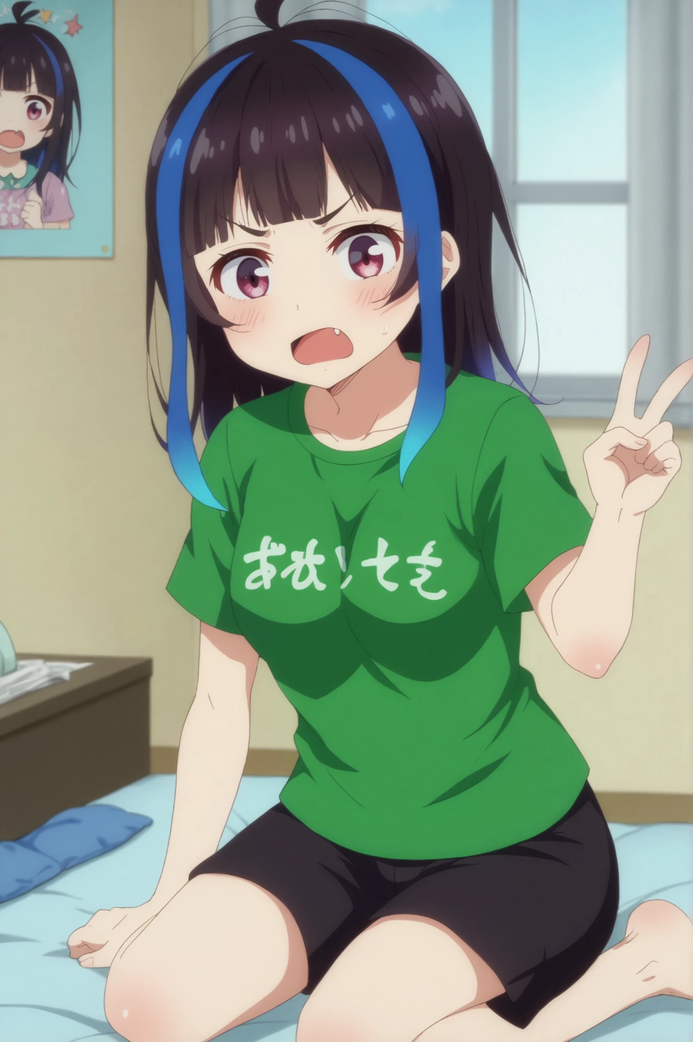 <lora:Mini_Yaemori:0.7> mini yaemori, 1girl, solo, long hair, blush, open mouth, shirt, sitting, multicolored hair, short sleeves, shorts, indoors, fang, streaked hair, v-shaped eyebrows, window, black shorts, t-shirt, clothes writing, seiza, green shirt, poster \(object\) <lora:sdxl_lightning_4step_lora:1>,