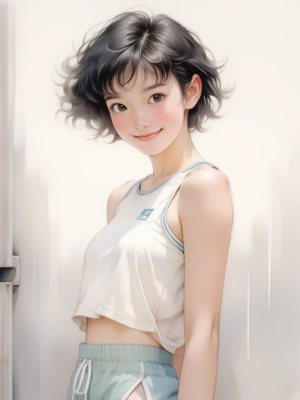 Ink pastel,front view,half portrait with waist up,a beautiful 20-year-old girl with neat short black hair,round eyes,cute,shy smile,designer sports shorts,comic illustration,attractive,revival mural,Antonio Boraiolo style,Yoshitaka Amano style,
Miho Hirano style,8K,high resolution.,