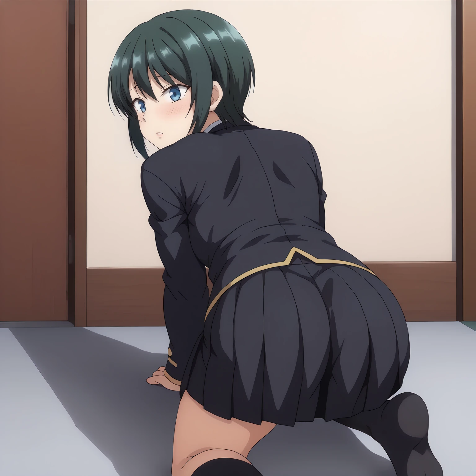 <lora:AkaneHasegawaXLpony001>,
blush,parted lips,
solo,
AkaneHasegawa,1girl,green hair,short hair,sidelocks,blue eyes,
school_uniform,black blazer,
pleated_skirt,black skirt,
black socks,l,
looking back,all fours,