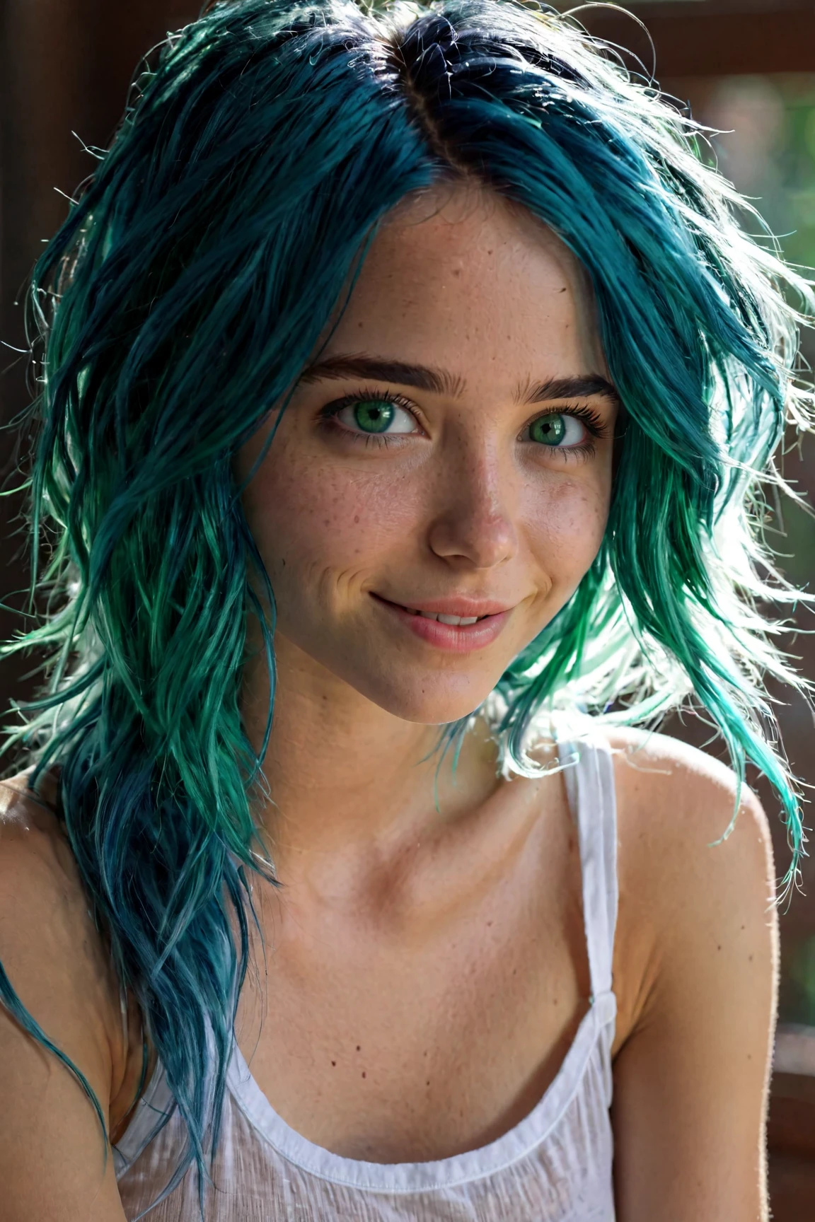 a blue-haired woman, green eyes, no clothes, fine features, natural beauty, walking in the forest, sunlight, realistic, cinema quality, high resolution, vibrant colors