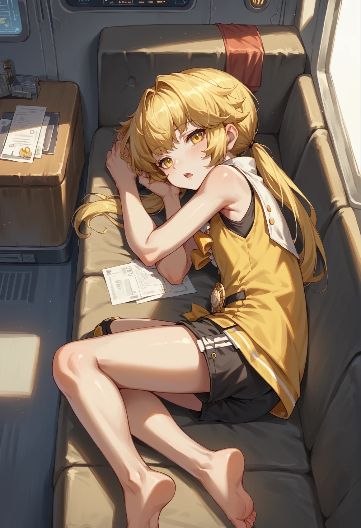 1girl, long hair, blonde hair, yellow eyes, low twintails, brooch, yellow ribbon, sleeveless, shorts, single knee pad, barefoot, laying, on side, sleeping, couch, indoors, arm on head, half-closed eyes, open mouth, looking at viewer, spacecraft interior, from above <lora:Hook_XL:1>, score_9, score_8_up, score_7_up, score_6_up, score_5_up, score_4_up, BREAK source_anime, masterpiece