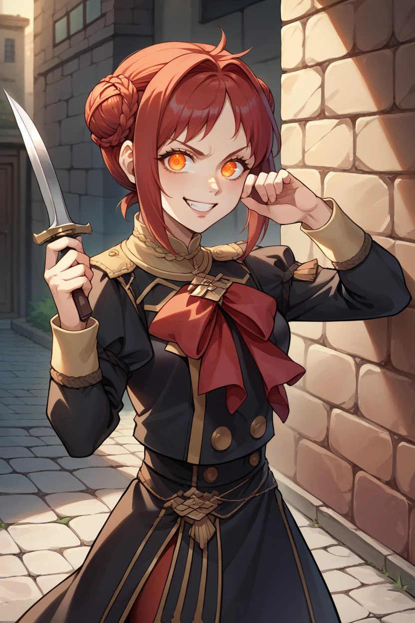 score_9, score_8_up, score_7_up, score_6_up, source_anime BREAK 1girl, solo, <lora:femonica-pdxl-nvwls-v1-000005:1> defMonica, red hair, hair bun, braid, black jacket, long sleeves, red bow, black skirt, red leggings, evil grin, orange eyes, glowing eyes, alleyway, medieval, stone walls, chiaroscuro, upper body, holding dagger, hand up, from side