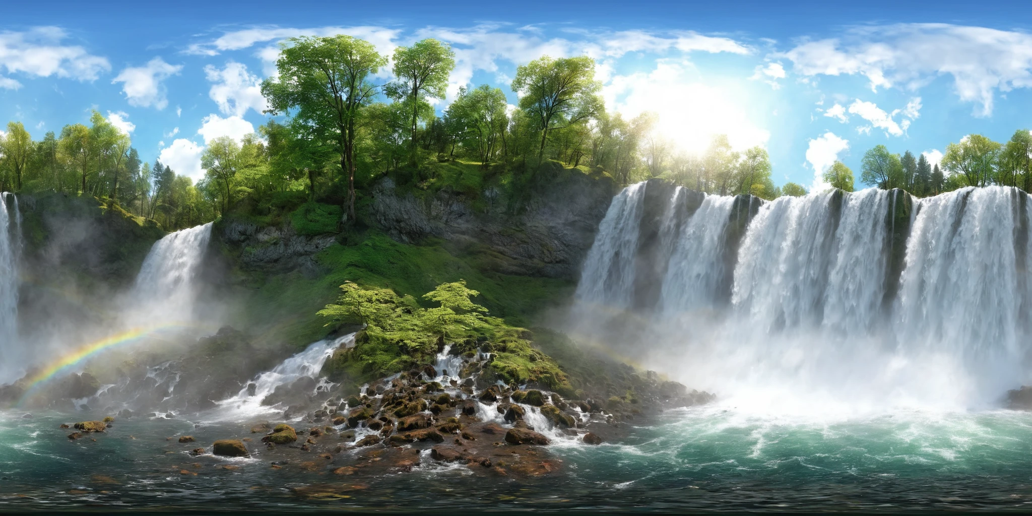 360panorama,A Sun,Centered Horizon,<lora:HMSGèªæå
¨æ¯XL:0.5>,<lora:HMSG飿¯XL:1>,majestic waterfall, dense forest, sunlight filtering through trees, splashing water, detailed, Thomas Kinkade style, realistic, vibrant colors, 3D rendering,4K ultra HD,