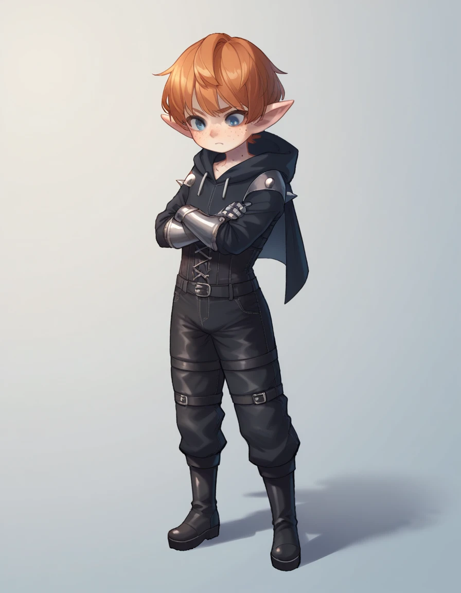 zPDXL, score_9, score_8_up, score_7_up, source_anime,
1girl, solo, <lora:Popoka_v2:0.8> ppka, <lora:Popipi_v1:0.8> popipi, lalafell, blue eyes, dark nose, freckles, orange hair, short hair, pointy ears,, distracted, aloof, oblivious, shoulder carry, demon wearing Shadowy black armor set with a high-necked corset, leather pants, platform boots, spiked gauntlets, a hooded cape, twisted crown of bones,
