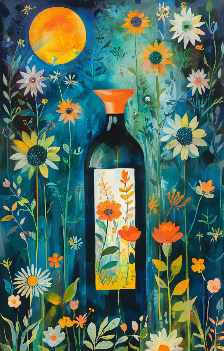 masterpiece,best quality,<lora:tbh199-sdxl:0.9>,illustration,style of Rosina Wachtmeister A bottle of perfume in garden