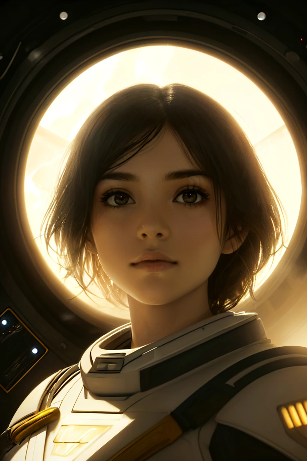 (sunshine , bright lighting, light contrast, caustics), (1girl:1.2) (looking down, looking at viewer) portrait, close-up, scifi, (spaceship interior), <lora:Sunshynev1-1:0.7> light on ceiling, (global illumination), (dust flying, dust in the air:1.5), (smoke:1.1), volumetric fog