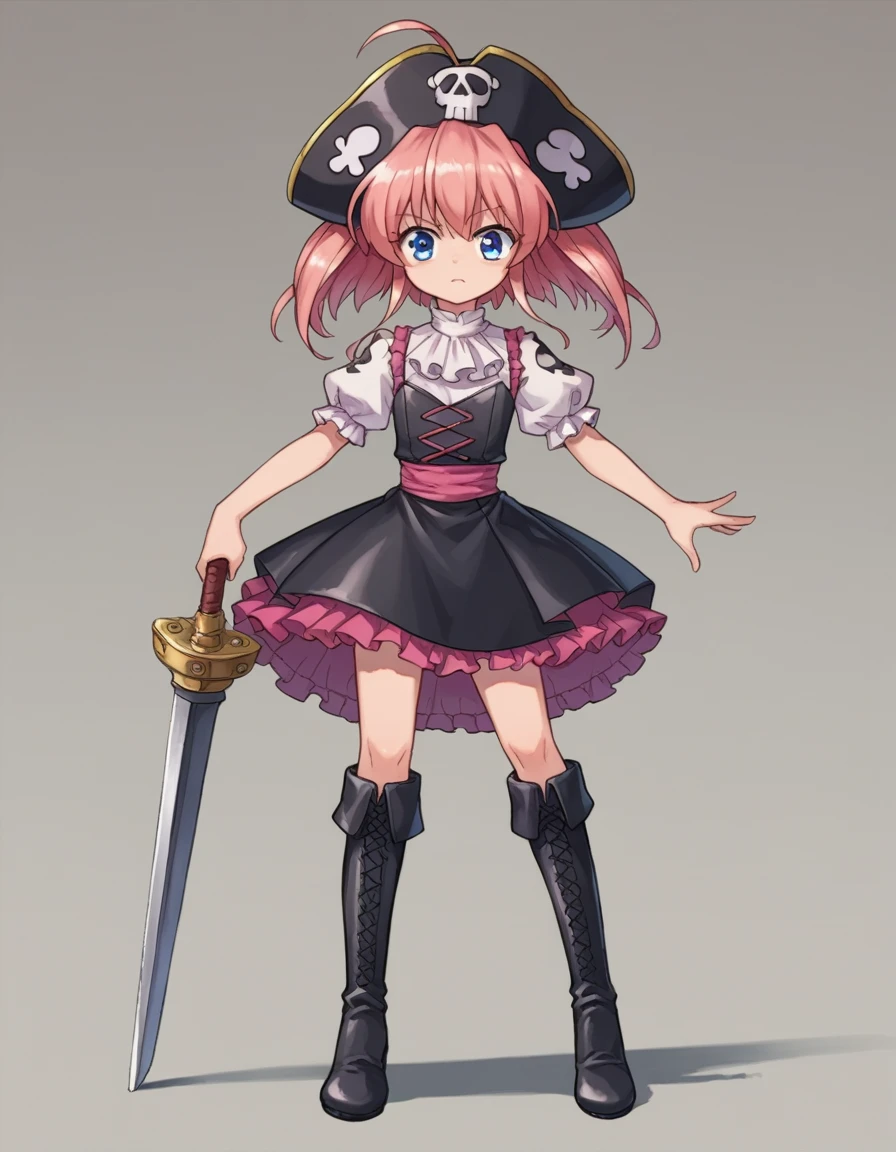 zPDXL, score_9, score_8_up, score_7_up, source_anime,
1girl, solo, <lora:Rizelmine_v2-20:0.8> rizel, ahoge, short hair, hair ornament, hairpods, pink hair, blue eyes, petite, flat chest, pirate wearing Black silk blouse under a silver-studded leather bodice, silk skirt, black tricorn hat with a skull emblem, leather boots, wooden leg, wielding swivel gun, (portrait)