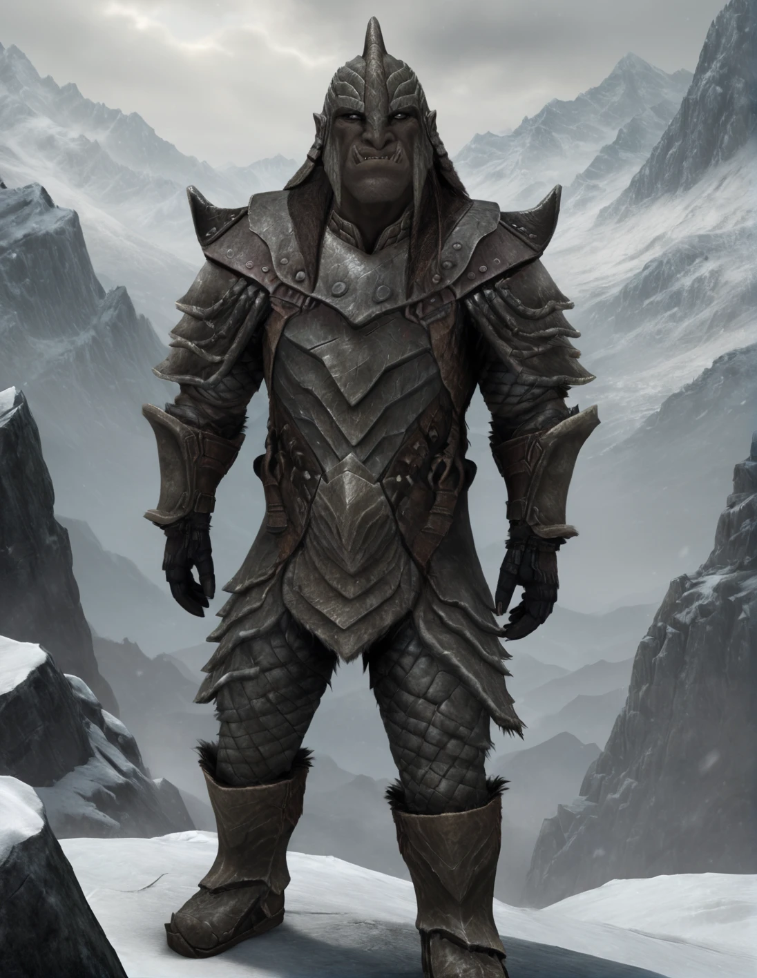 A powerful Orsimer warrior stands resilient against the harsh, snowy Skyrim landscape. Weathered plate armor encases his imposing physique as he gazes steadfastly into the camera's lens. Snowflakes gently fall onto the rugged mountainside behind him, while a faint mist veils the peaks in mystery. His stern expression and determined jawline convey unwavering strength. (((front view, looking at the viewer)))<lora:EMS-391506-EMS:1.000000>, <lora:EMS-20438-EMS:1.000000>