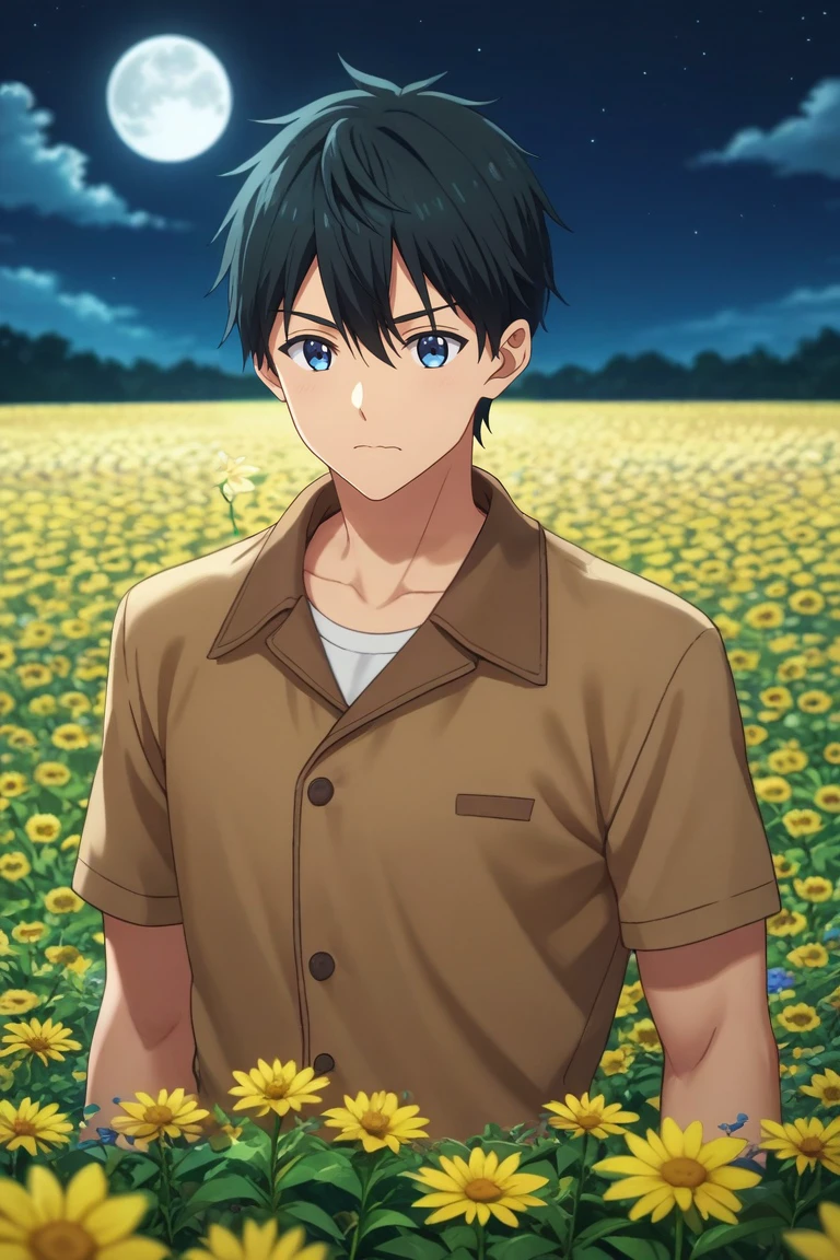 score_9, score_8_up, score_7_up, source_anime, rating_safe, , (realistic:0.6), , depth of field, 1boy, solo, male focus, <lora:masamune_makabe_pony:1>, masamune_makabe, black hair, blue eyes, short hair, hair between eyes, bangs, asymmetrical, flower field, flowers, night, full moon, spread legs, wavy mouth, , <lora:sdxl_lightning_8step_lora:1>
