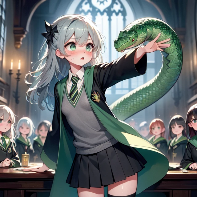 (((masterpiece))), (((best quality))), (((serpent))), ((slytherin)), ((avada kedavra)), ((winding current)), ((green light)), (holding wand), wide sleeves, striped necktie, thighhighs, sweater, skirt, robe, hazy, wind, table, window, candle, aisle, great hall, hogwarts school uniform, 1girl, gray hair, big tits, sweat, scared, shy, blush, slim figure, <lora:girllikeslytherin:0.8>