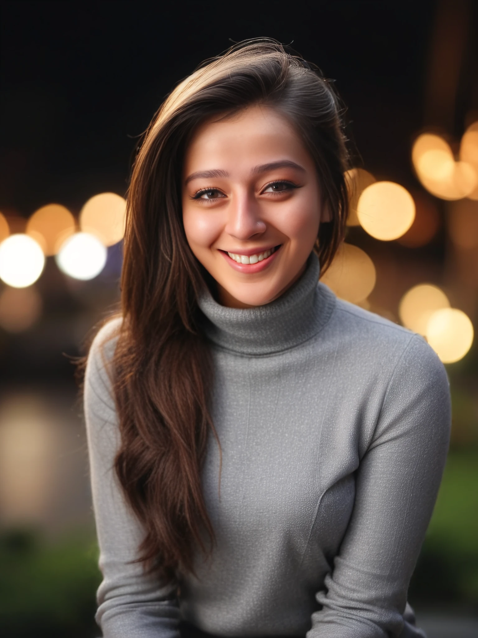 from front, portrait photo of a 30-year-old priyal gor woman,  Grey colored modest turtleneck, laughing, facing camera, tied_hair, soft lighting, night time, city lights in bokeh   <lora:Priyal_Gor_SDXL_LoRA_adafactor:1>