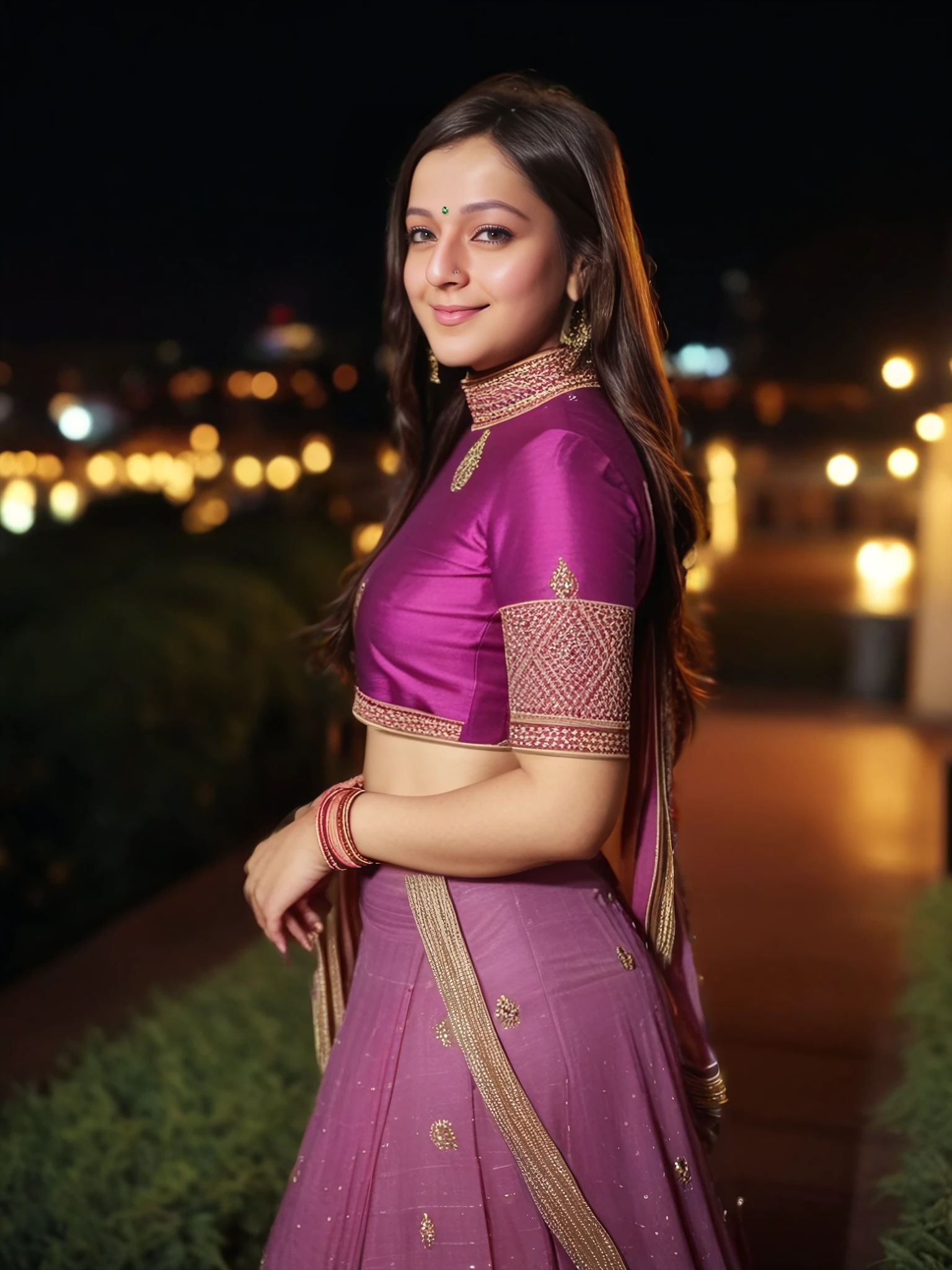 photo of a 30-year-old priyal gor woman,  Mauve colored modest high neck Rajasthani Lehenga, , looking at camera, , soft lighting, night time, city lights in bokeh   <lora:Priyal_Gor_SDXL_LoRA_adafactor:1>