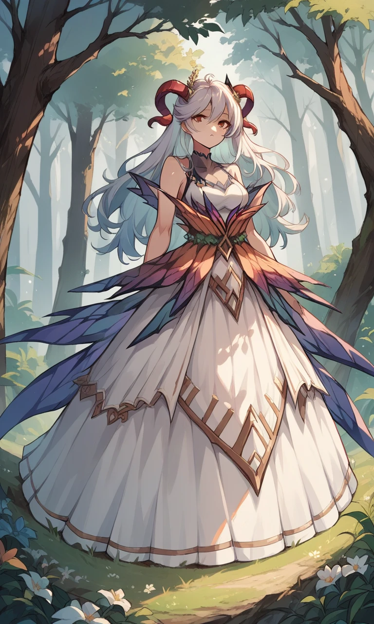 score_9, score_8_up, score_7_up, source_anime, 1girl, freyja, horns, dress, forest,