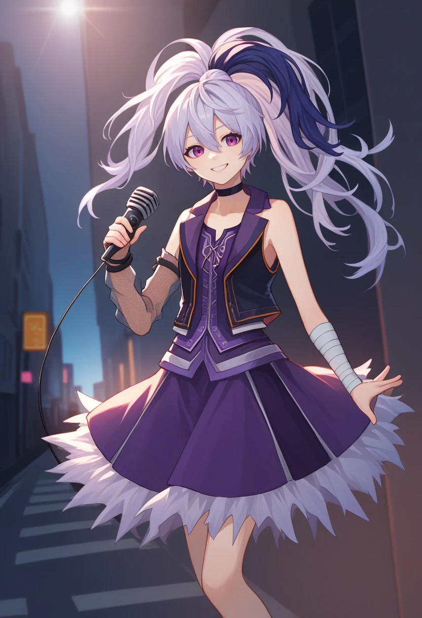 score_9, score_8_up, score_7_up, source_anime, solo, 1girl, vocaloidflowerv3, smile, looking at viewer, holding microphone, long hair, ponytail, streaked hair, white hair, purple hair, sleeveless jacket, vest, arm warmers, purple skirt, choker, bandages, bandaged arm, bare shoulders, spotlight, city street <lora:vocaloid_flower_ponyXL-000008:1>