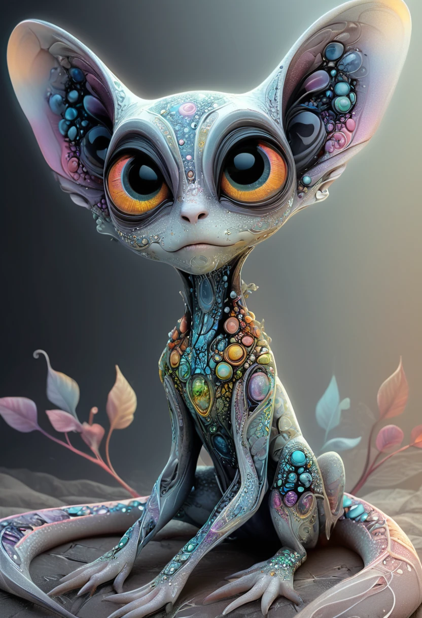 <lora:artfullyALIEN_SDXL_V1:1>,artln,A cute alien creature with big eyes, cartoon realism, cosmic inspiration, detailed anatomy drawing, detailed background elements, detailed rendering, ethereal sculptures, full body portrait, high detail., high resolution, high resolution., iridescent colors, large ears and a long tail sitting on the ground, long limbs and colorful patterns on its skin, made of fractals with a detailed background in the colorful fantasy realism style of an ethereal atmosphere with pastel colors and high resolution, many colors and patterns on its skin across its full body, pastel tones, pixar style., sitting in the style of detailed character design, ultra realistic photography.