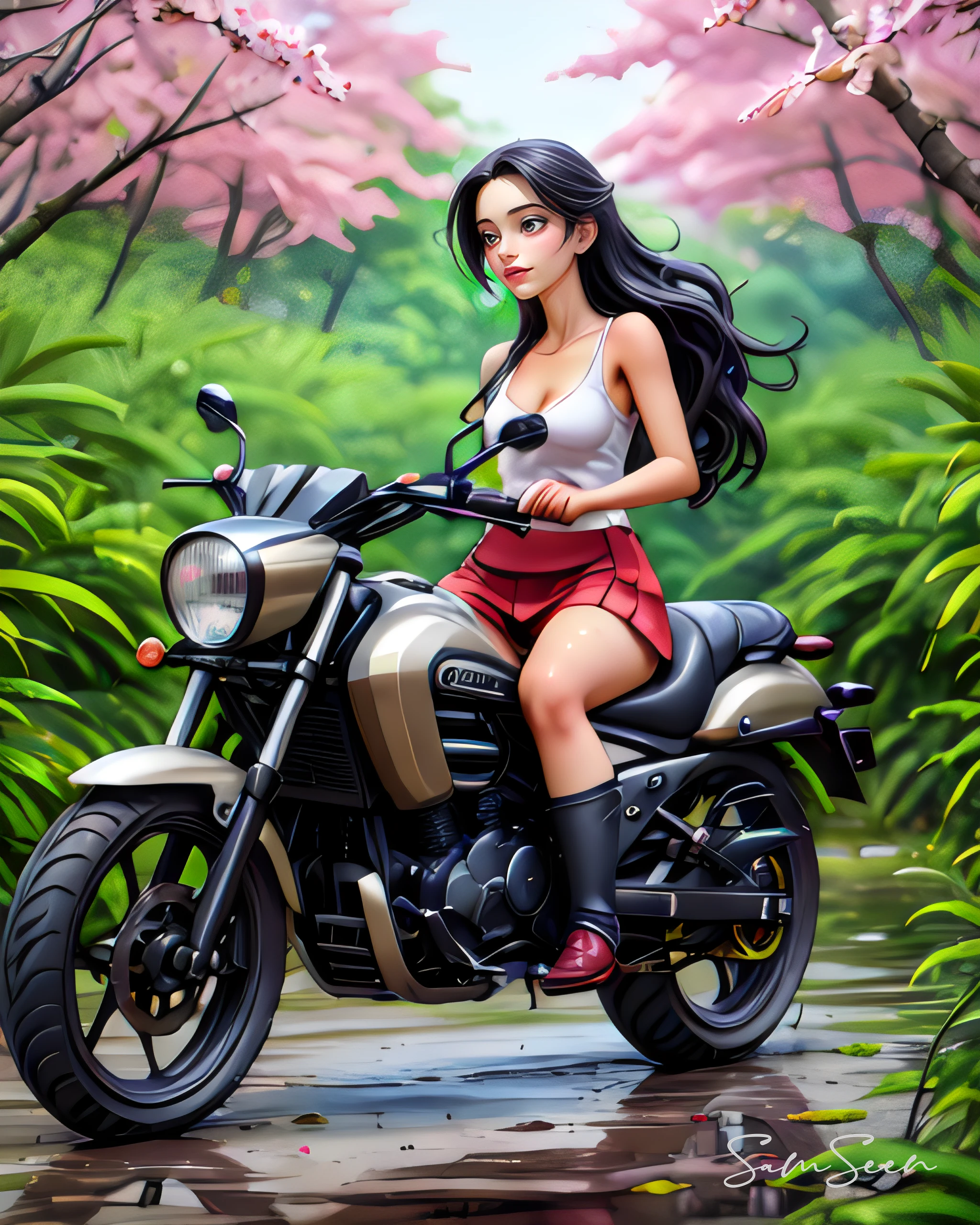 ((((highest quality))))、(((Ultra-precision CG16K wallpaper)))、(((masterpiece)))、(((Super detailed)))、(((Extreme detail)))、((1Mature 29 year old woman:1.6))、((Very beautiful Japanese faces))、((Zuo々Nozomi:1.8))、((Straight one-length semi-long hair、blunt bangs:1.5))、(Shiny brown hair)、Delicately drawn and beautiful face、Brown Eyes、eyeliner、Eyeshadow、High nose、Small nostrils、Small Mouth、Seductive lips、Beautiful breasts、((C cup size breasts))、Cleavage、Beautiful feet、eight-headed body、Perfect proportions、Perfect Anatomy、Perfect composition、Beautiful detailed shading、Beautiful, natural lighting、Beautiful detail glow、Depth of written boundary、(((High chroma)))、(((Real:1.9)))、((vivid:1.5))、((Beautiful Skin))、((Skin Texture))、((Realな皮膚感))、(((Full Body Shot:1.6)))、((front view、shoot from front、Low - Angle:1.6))、(((smile:1.5)))、((The woman is looking at this、looking at viewer:1.6))、Bright daylight、Natural light、(((Grass Square、Trees:1.5)))、(Riding Pose:1.6)、(((White lace-up mini dress:1.6)))、((necklace、Wearing earrings:1.3))、(((Woman is riding a motorcycle:1.8)))、