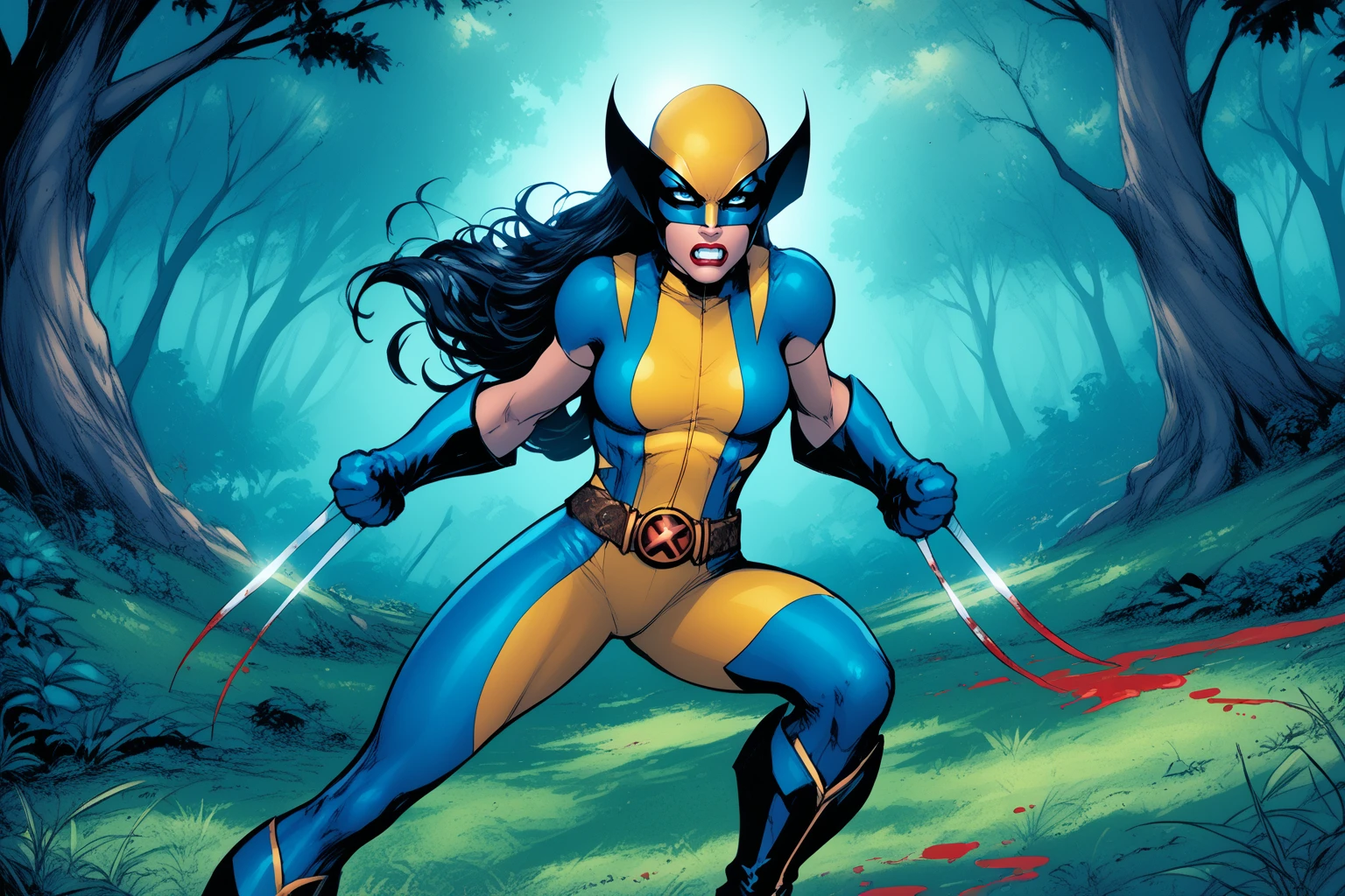score_9, score_8_up, score_7_up, masterpiece, high quality, BREAK
<lora:Laura Kinney X-23PonyLoRA:1>LraKinyX, long hair, mask, bodysuit, gloves, belt, boots, blood, weapon, claws, angry, fighting in a forest
<lora:Michael TurnerStylePonyLyco:1> mtms