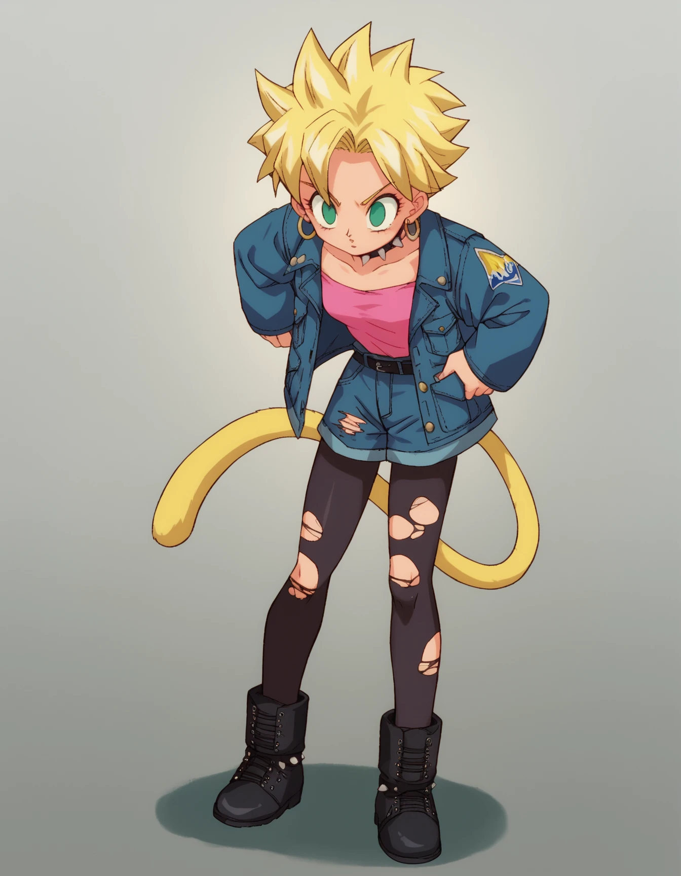 zPDXL, score_9, score_8_up, score_7_up, source_anime,
1girl, solo, <lora:SailorMoon:1> slrmn, <lora:Parsleah_v1:0.8> parsleahssj, blonde hair, spiked hair, super saiyan, green eyes, no pupils, (monkey tail, yellow tail), small breasts,, heart eyes, a-pose, punk wearing a oversized denim jacket with graffiti art motifs,ripped mesh leggings,combat boots covered in patches, pastel peach undercut, plethora of silver hoop earrings adorning her ears,labret piercing, mascara,spiked choker,choker featuring dangling chains,