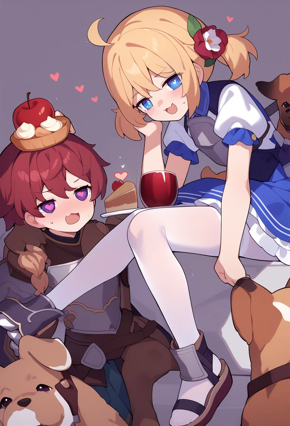 2girls, 
tsubasa tsubasa, 
adult, white pantyhose, medium quality, breastplate, dachshund, weapon, blush, hair in another's mouth, bow \(weapon\), short twintails, pouch, gauntlets, green shorts, food bite, garter straps, arrow \(projectile\), puffy sleeves, twintails, shorts, food, flower, twin drills, heart-shaped eyes, apple on head, white background, armor, heart-shaped pupils, simple background, open mouth, short sleeves, hair flower, red hair, symbol-shaped pupils, cake, drill hair, muffin, arrow through apple, puffy short sleeves, boots, purple eyes, :3, blue eyes, heart, looking at viewer, red wine, pantyhose, plate, apple, armor \(fire emblem\), sword, hand grab, pants, multiple dogs, blonde hair, hair ornament, blue dress, bread, dog, shovel, short hair, white day, dress, sandals, petticoat, head rest, cup, heart arrow, 
newest, masterpiece,  general
 <lora:tsubasa_tsubasa_v1.1-000048:1>